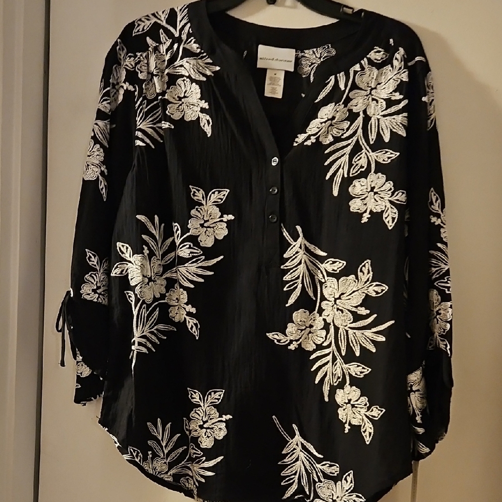 Alfred Dunner Black and White 3/4 Sleeve Blouse with Mandarin Collar
